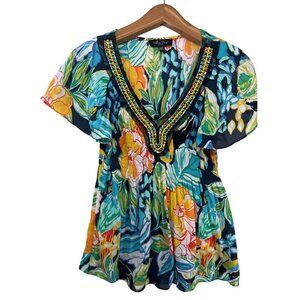 Melissa Paige Women Top M Petite Floral Boho Beaded Resort Cruise Beach Tropical